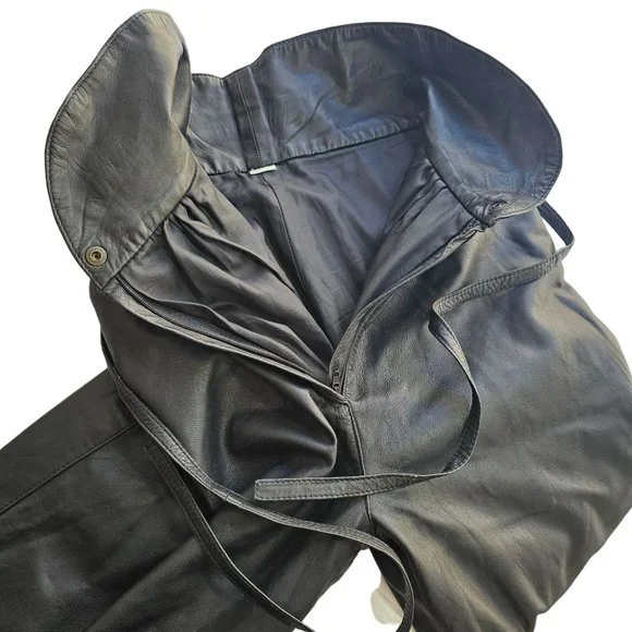 90s High Waist Leather Pants Laced Belt Slash Pockets Curved Hem Womens 26 Black - Picture 9 of 11